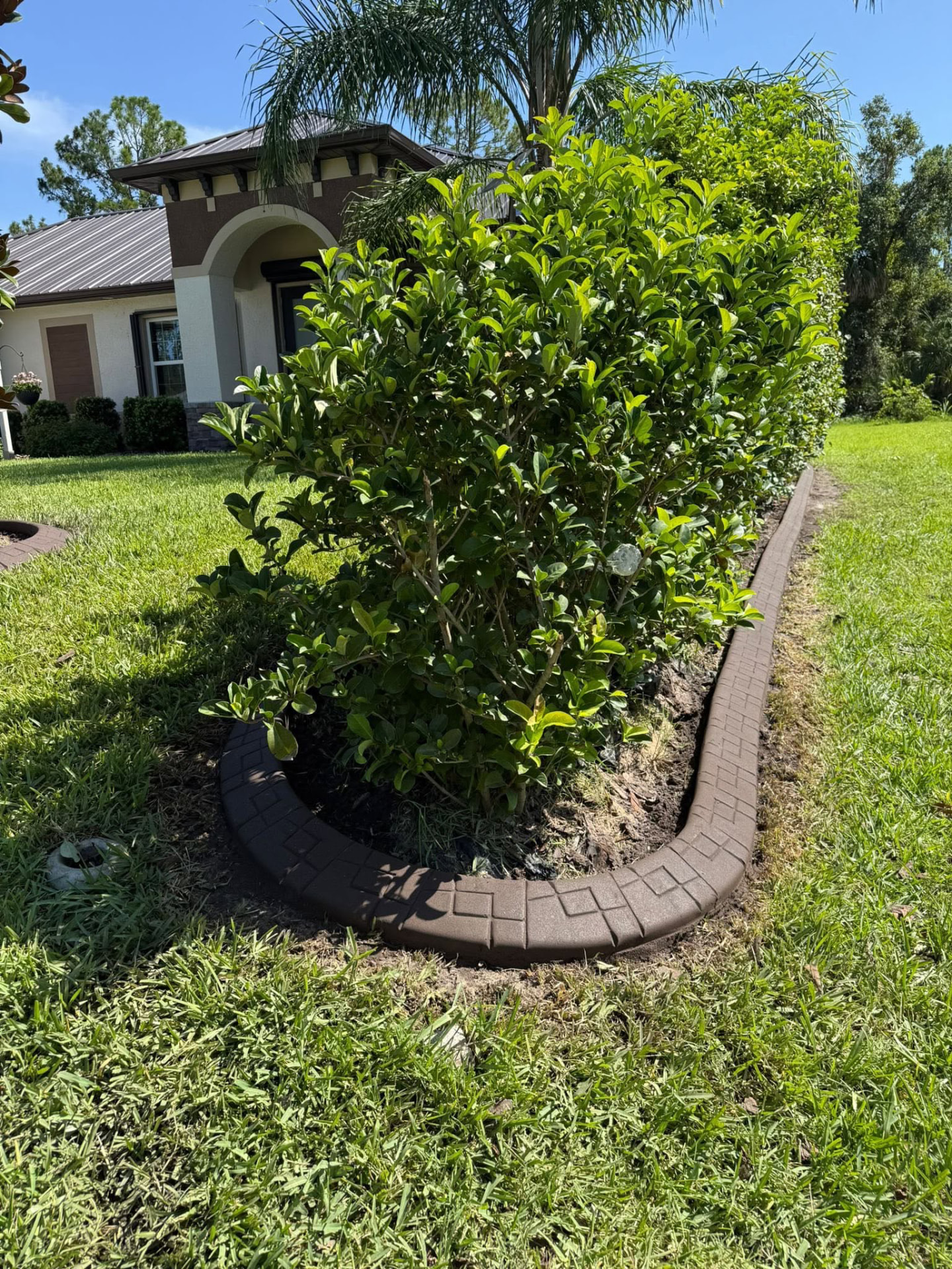 Brown diamond-pattern curbing wrapping a hedge bed in a front lawn